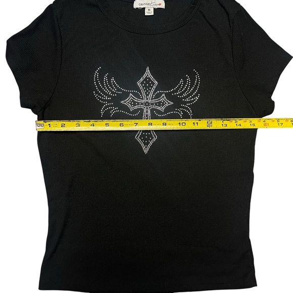 Y2K Orange Kiss Silver Rhinestone Cross Black Tee Grunge - Picture 5 of 6
